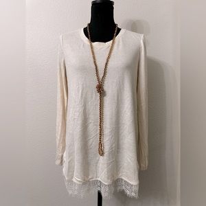 Creamy White Lace Trim, Long Sleeve Sweater Blouse w/ Bow Back